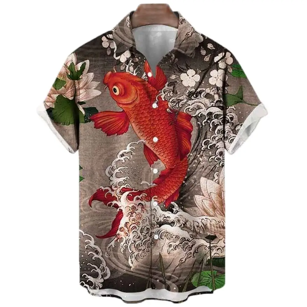 Koi Gedrukt Zomer Shirts Mannen Button-Up Lucky Hawaiian Strand Shirts Harajuku Mode Oversized Unisex Kleding