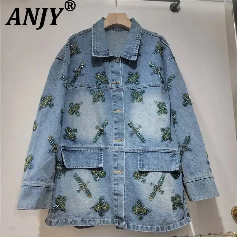ANJY Spring Autumn New Women Trendy Fashion Retro Heavy Embroidered Flares Denim Jacket Loose Casual Versatile Long Coats A25888