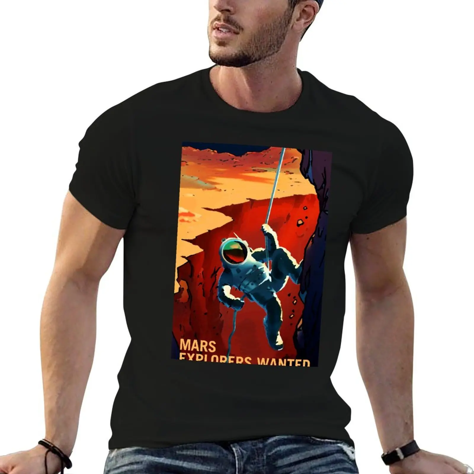 Mars - Explorers Wanted Astronaut Climbing Illustration T-Shirt vintage tshirts personalised big and tall t shirts for men