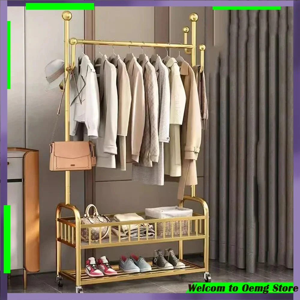 Stylish Balcony Bedroom Clothes Rack Space Saving Golden Robust Metal Frame With Wheels Perfect For Kids Room Home Accessories