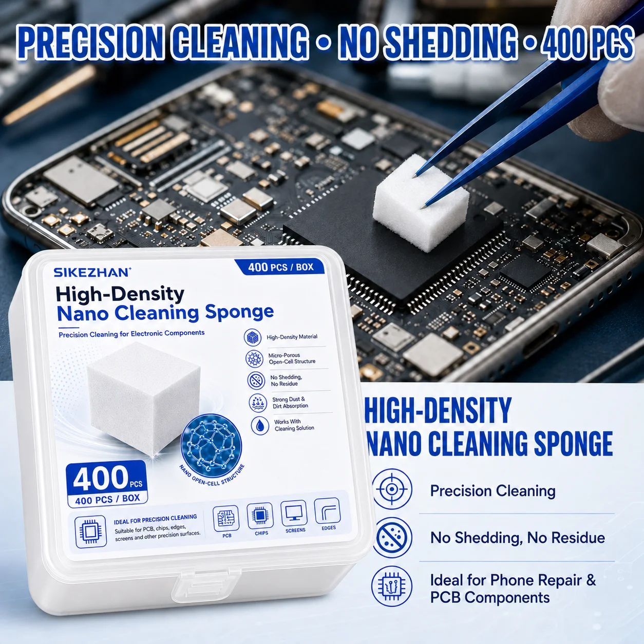 SIKEZHAN 400pcs High-Density Nano Cleaning Sponge Cubes, Micro-Porous Precision Eraser for Phone PCB Circuit Board Repair Kit