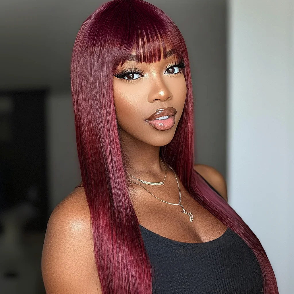 

Straight Human Hair Wigs With Bangs Burgundy 99J Malaysia Ready To Go 100% Remy Human Hair Wigs Full Machine Wig For Women