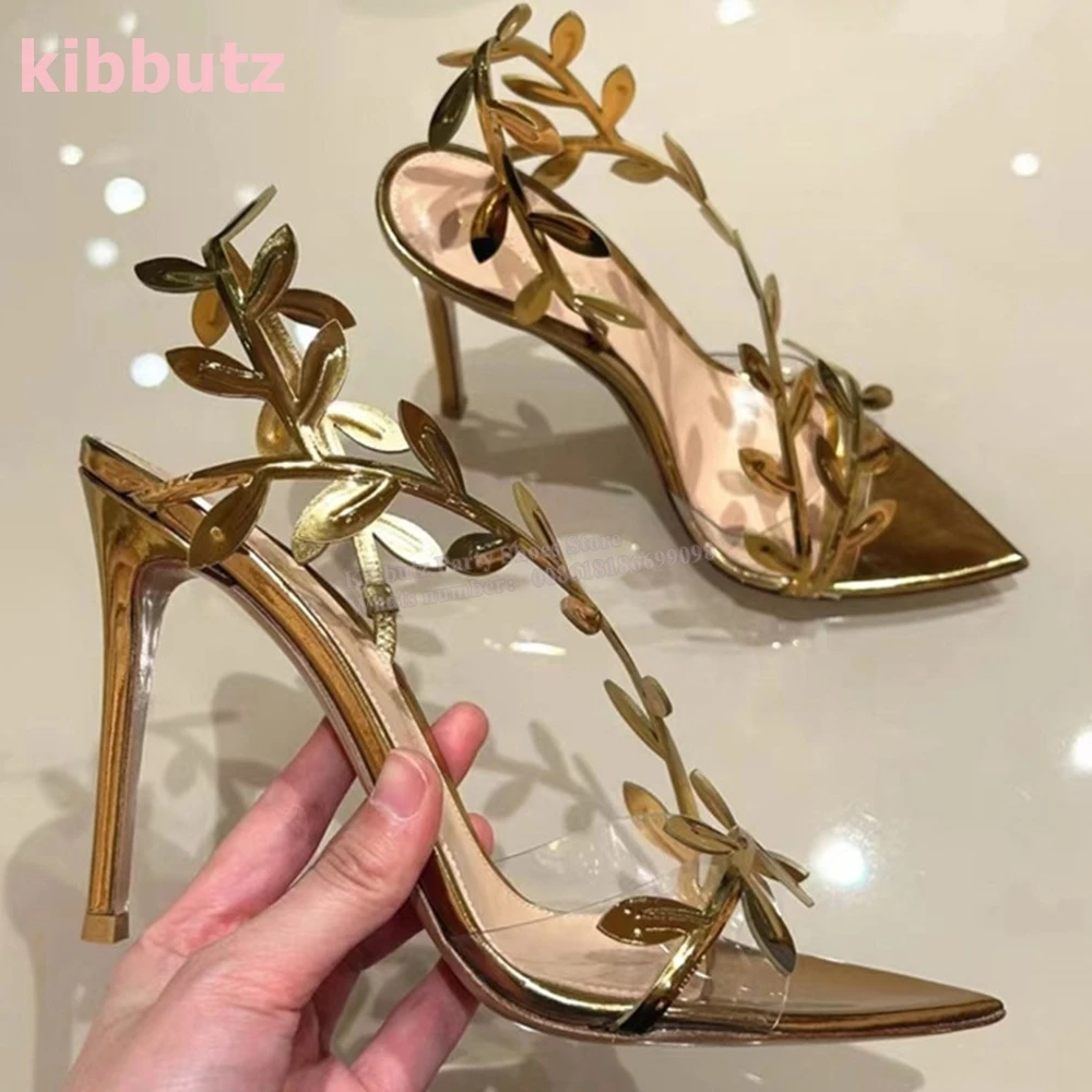 Blattgold verzierte Sandalen dünne High Heel spitzen Zehen Lack leder einfarbig Slip-On Mode elegant sexy Party kleid neu