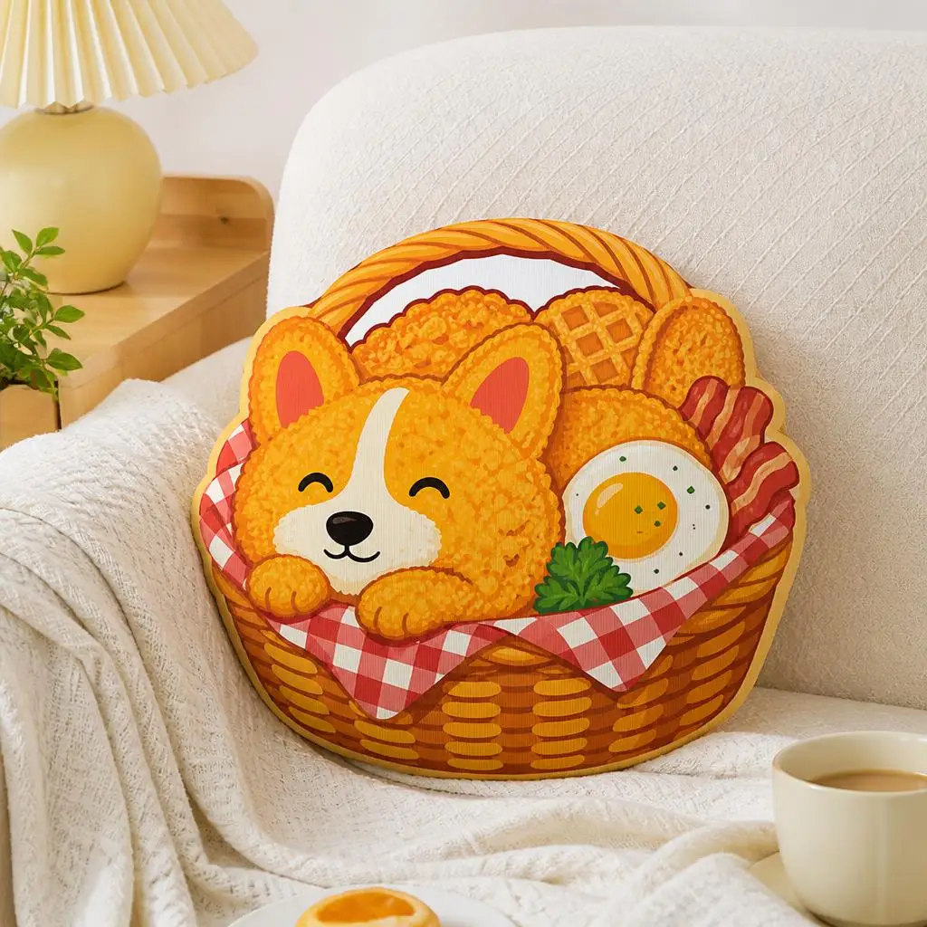Cute Corgi Breakfast Basket Shaped Pillow Dog Lover Decorative Cushion Stuffed Throw Pillow Brunch Kitchen Home Decor Gift