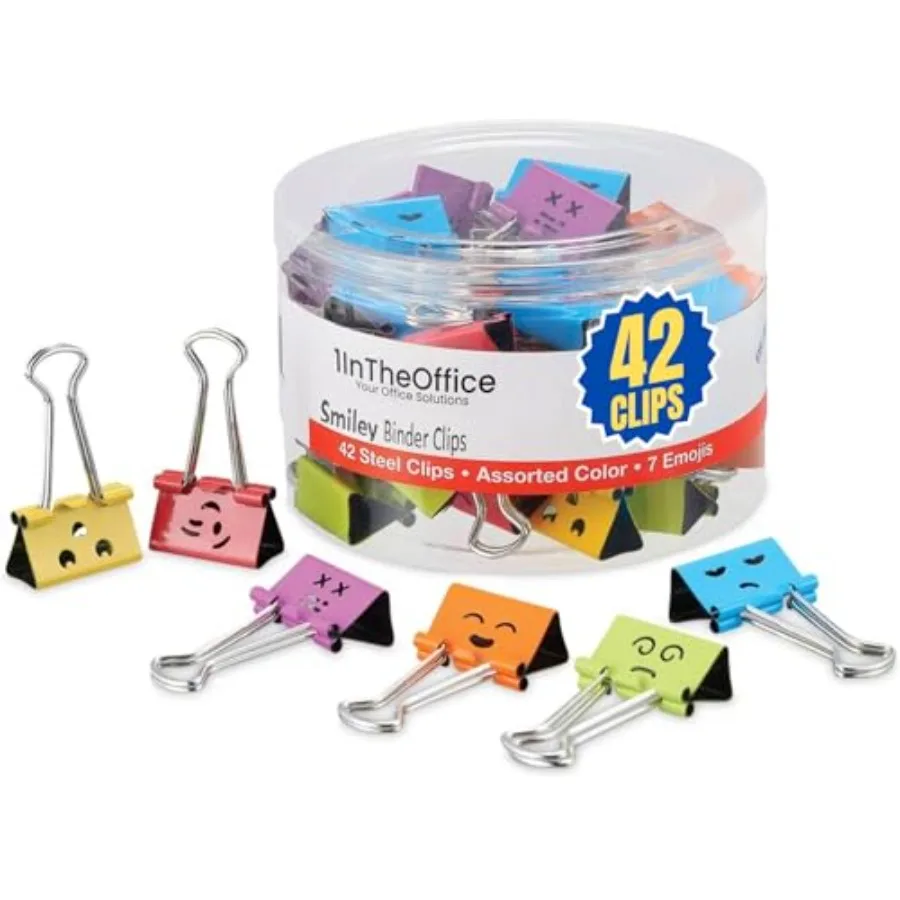 

Medium Cute Colored Smiley Face Binder Clips with Storage Tub, 5/8" Capacity, Assorted Colors, 42 Pack