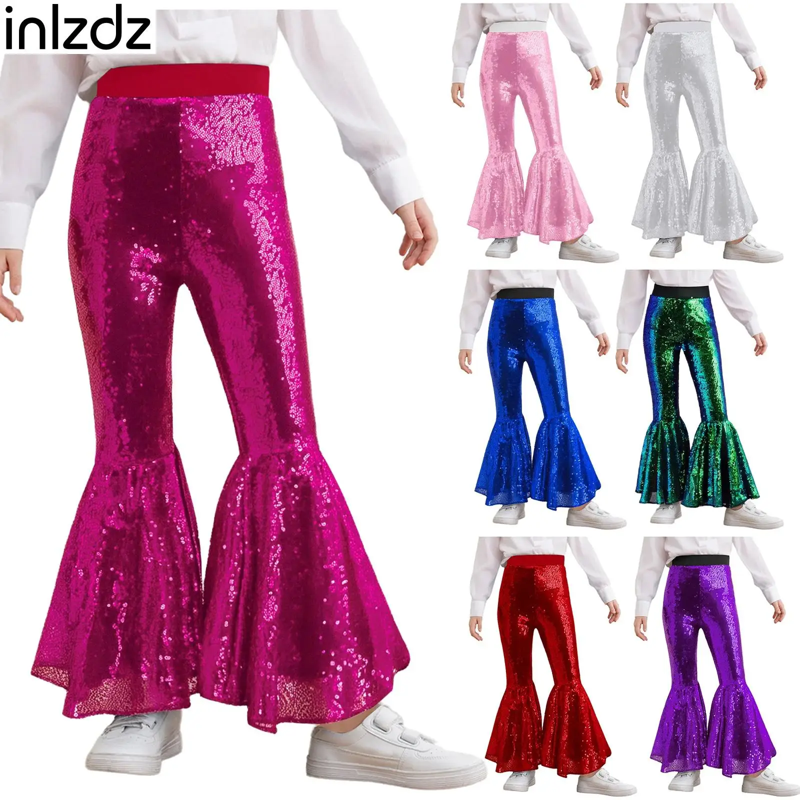 

Girls Glittery Sequins Flared Pants Fashion Bell-Bottom Trousers Kids Jazz Hip Hop Dancewear Show Party Stage Performance Wear