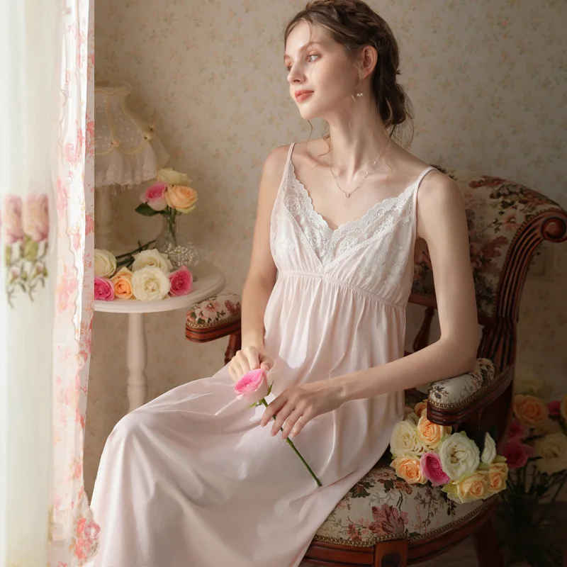 Victorian Vintage Cotton Nightgown Princess Sleepwear Nightwear Romantic Sexy V Neck Nightdress Solid Color Long Night Dress