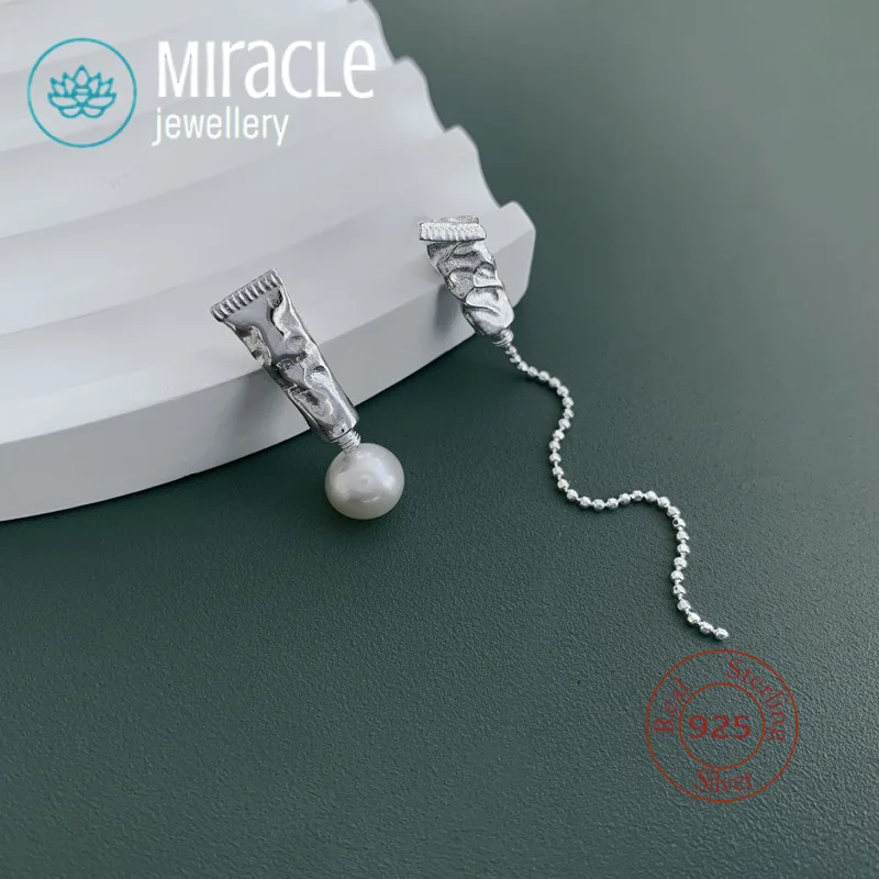 Miracle Sterling Silver 925 Original Studio Daily Niche Design Art Student Oil Paint French Pearl Earrings Studs