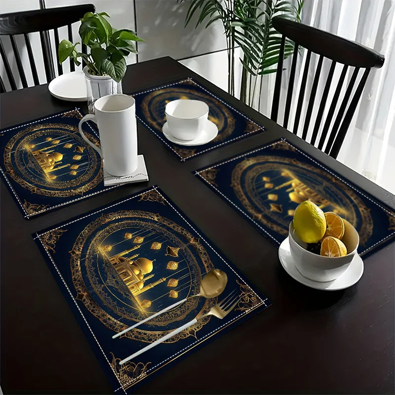 1PC Placemats 2D Flat Islamic Festival Placemats Golden Mosque & Lantern Design on Navy Blue, Durable for Casual Dining