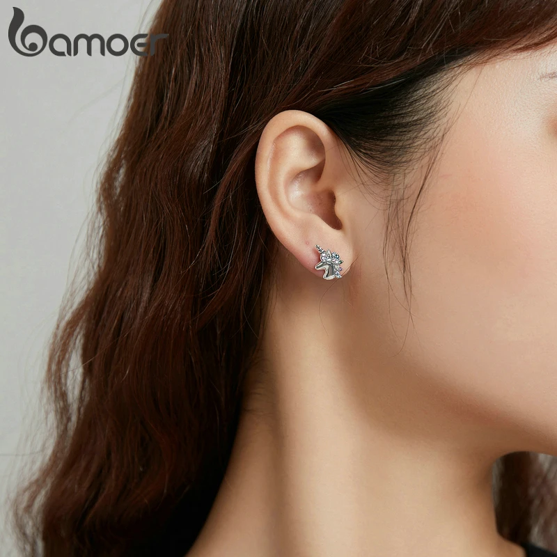 bamoer Silver Sharp Horned Horse Rainbow Colorful Zircon Unicorn Earrings 925 Sterling Silver for Women Jewelry BSE496