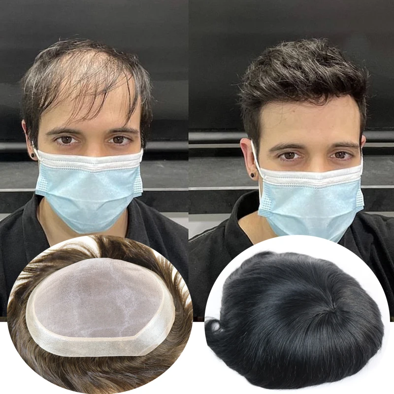 Peruca de cabelo humano durável para homens, peruca de renda mono com pele preta e marrom, prótese de cabelo masculino, sistema de substituição de cabelo liso