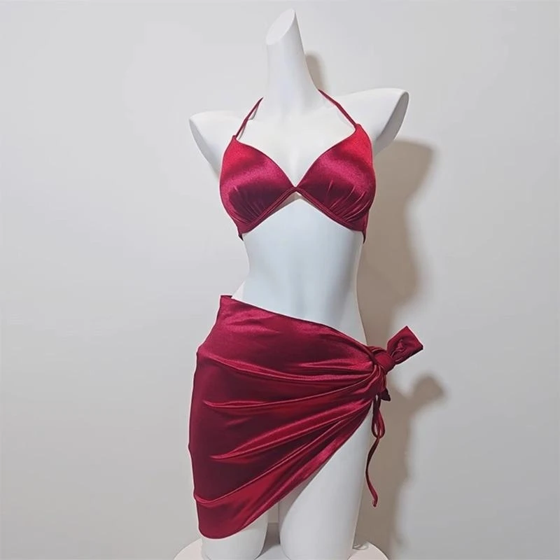 

2025 Summer Women Metallic Color Halterneck Triangular Thong Swimsuit Set with Beach Wrap Drop Shipping