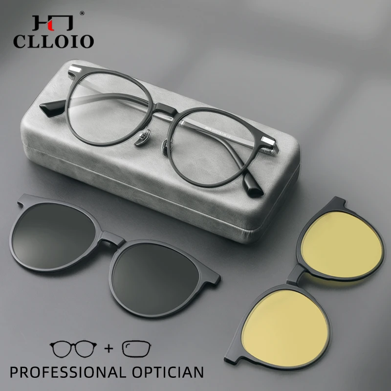 

CLLOIO Classic Round Magnet Clip On Prescription Glasses Men Women Myopia Optical Polarized Sunglasses Hyperopia Reading Glasses