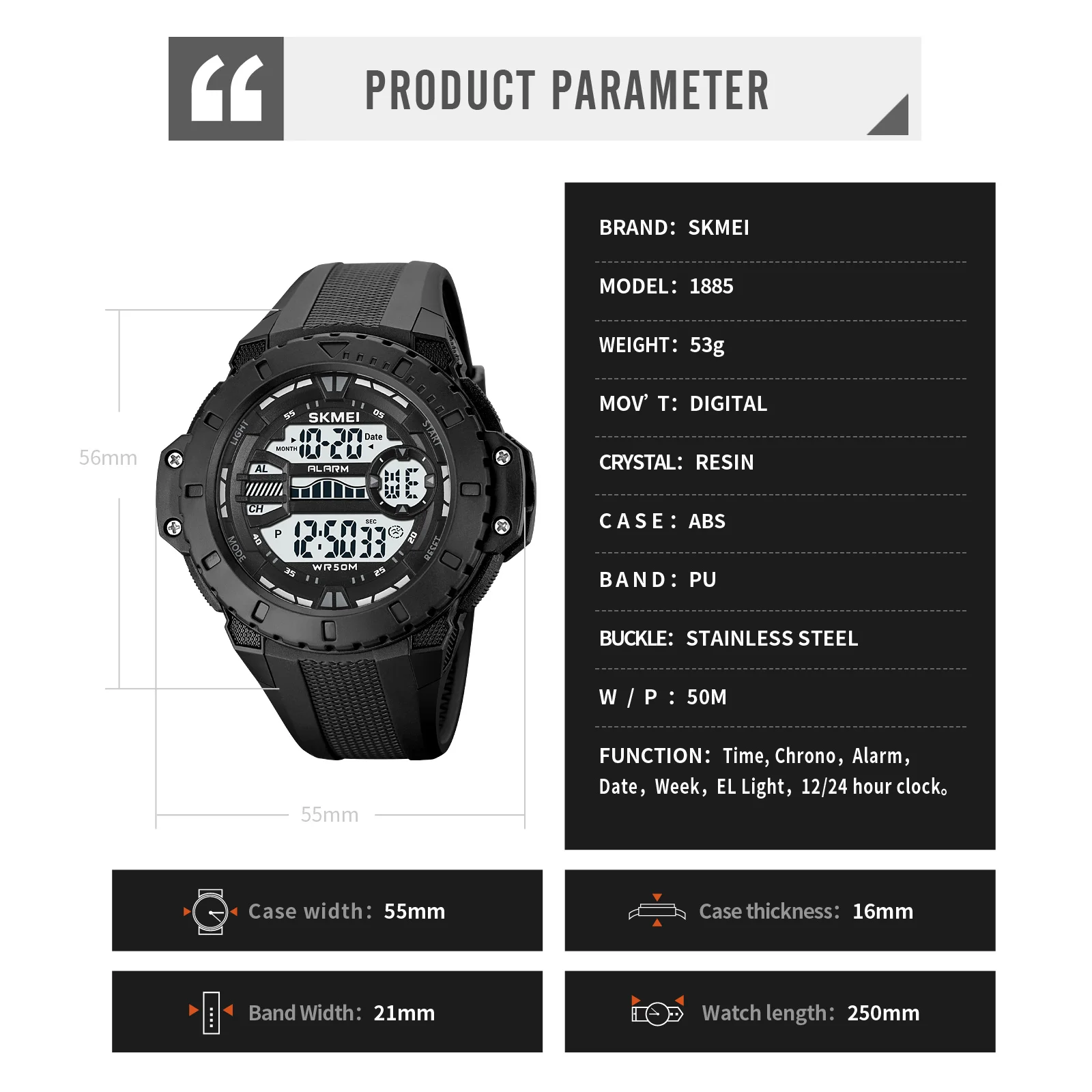 SKMEI-Reloj deportivo Digital japonés para Hombre, cronógrafo resistente al agua, con luz trasera multifunción, alarma, 5Bar