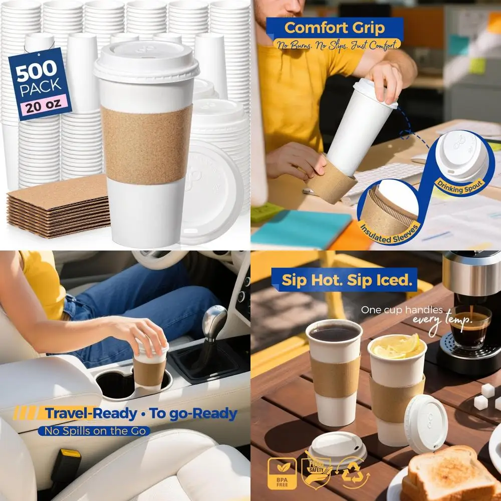 

Disposable 20 oz Coffee Cups with Lids, Leak-Proof, Durable Hot Paper, To-Go Cups for Meal Prep, 500 Pack