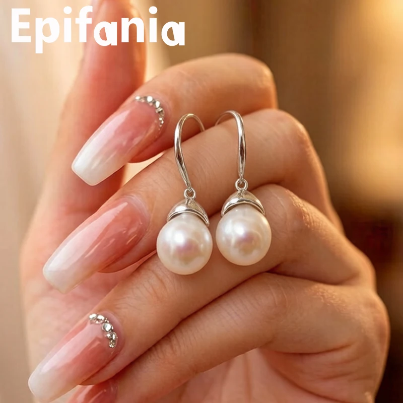 

10-11mm 925 Silver Round Pearl Earrings Natural Freshwater White Pearl Dangle Earrings for Women Jewelry Gift