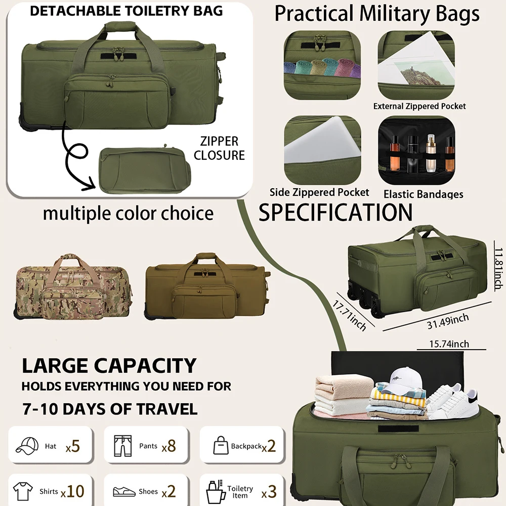 Tactical 120L Duffle Luggage Heavy 3-Wheel Rolling Duffel Trolley Bag  Durable Wheeled Duffle Luggage for CS Camping Adventures