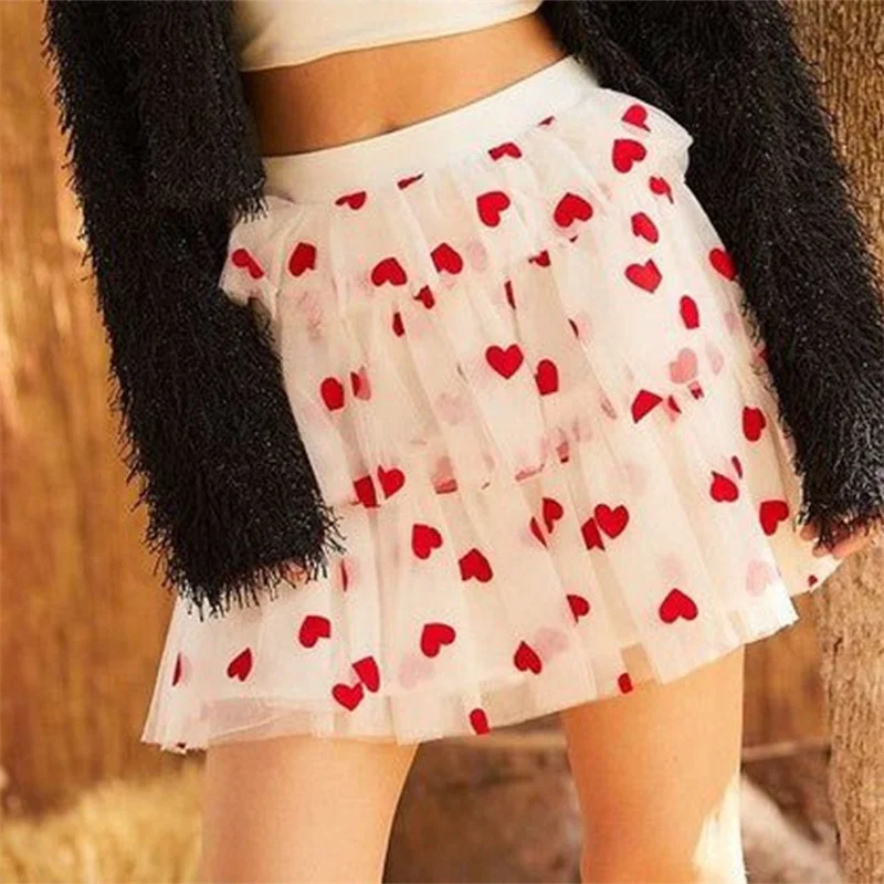 Women Layered Tulle Mini Skirts Y2k Ruffle Love Heart Print Short Skirt Valentine's Day Party Sparkly Tutu Costume