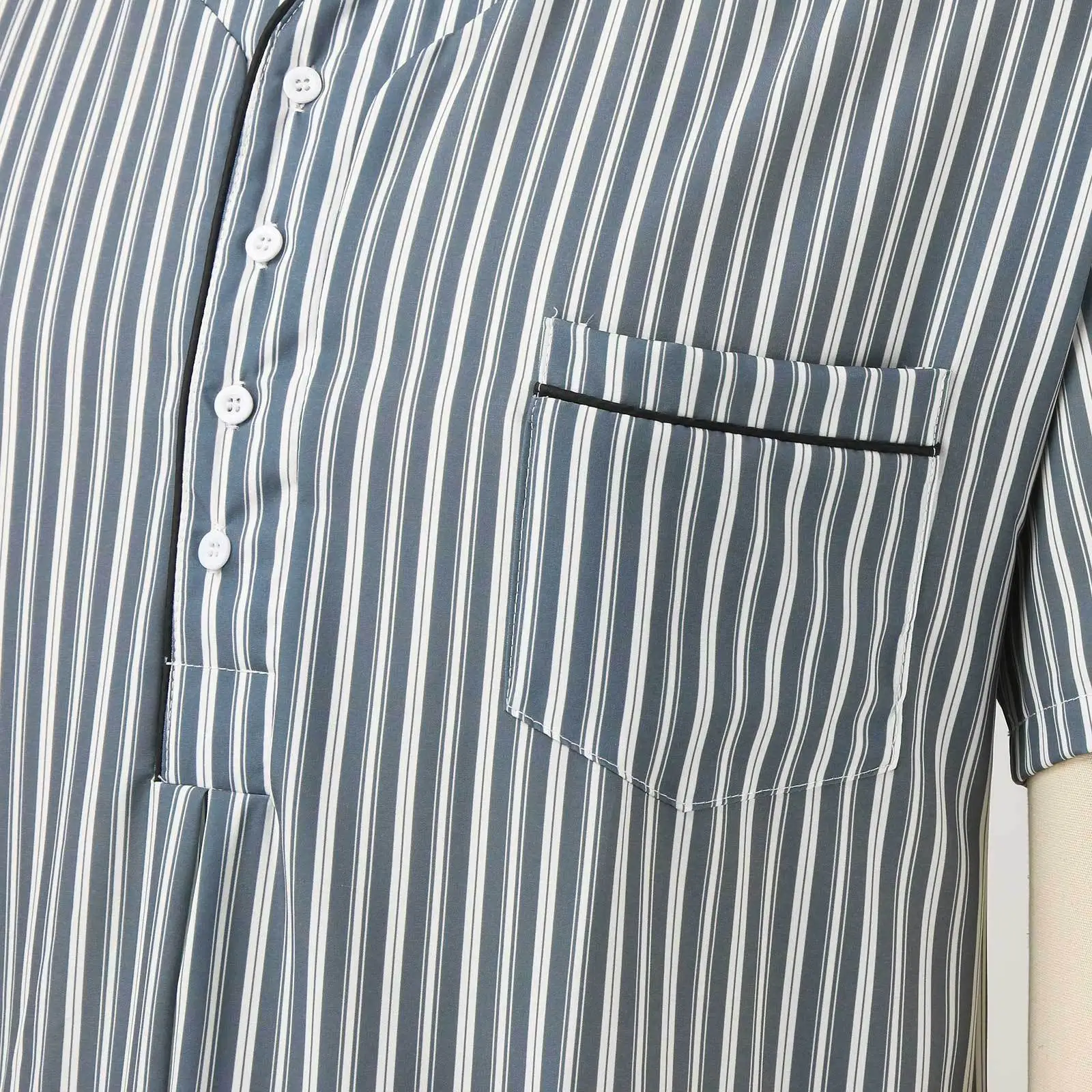 New Men's Short-sleeved Thin Long Nightgown, Striped V-neck Button Loungewear Loose Men's Nightgown - view 4