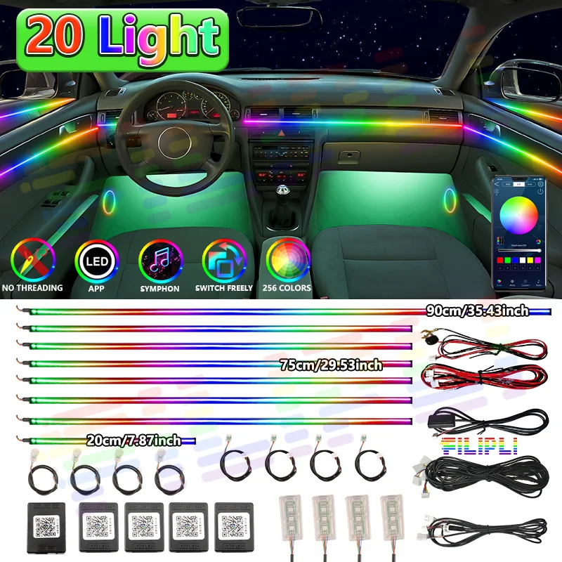 18/20/22 in1 Premium Automotive LED Interior Ambient Light 64 Color Welcome Mode APP Control Seamless Layout Cabin Comfort 12V