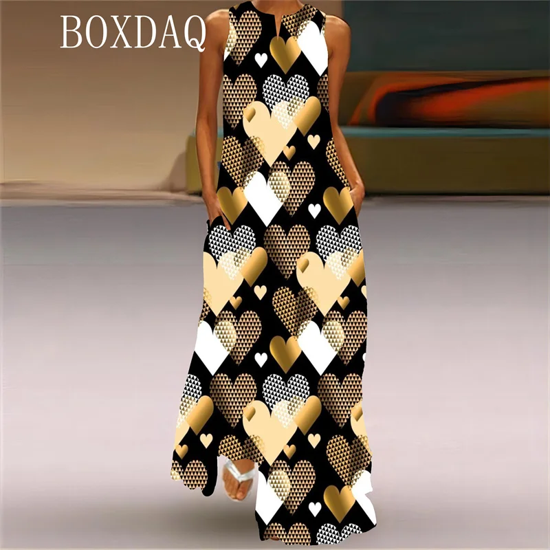 Sparkling Gradient Love Pattern Printed Long Dress For Women Elegant Valentine's Day Party Dress Spring Summer New 2025 Vestidos