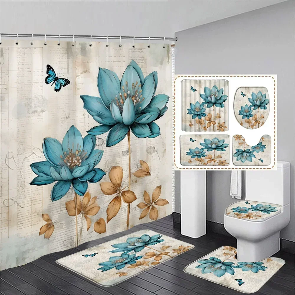 Fashion Pearl Floral Shower Curtain Set Grey Black Geometric Stripe Curtains With Bath Mat Toilet Lid Cover Bathroom Decoration