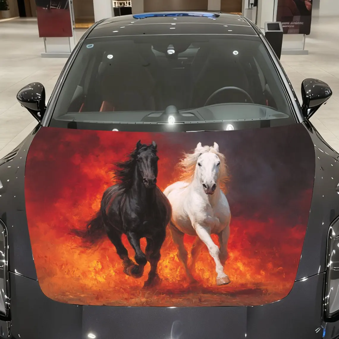 

Black Horse And White Horse In Fire Car Hood Vinyl Wraps Sticker, PVC Waterproof Car Bonnet Decals, Self-Adhesive Scratch-Resist
