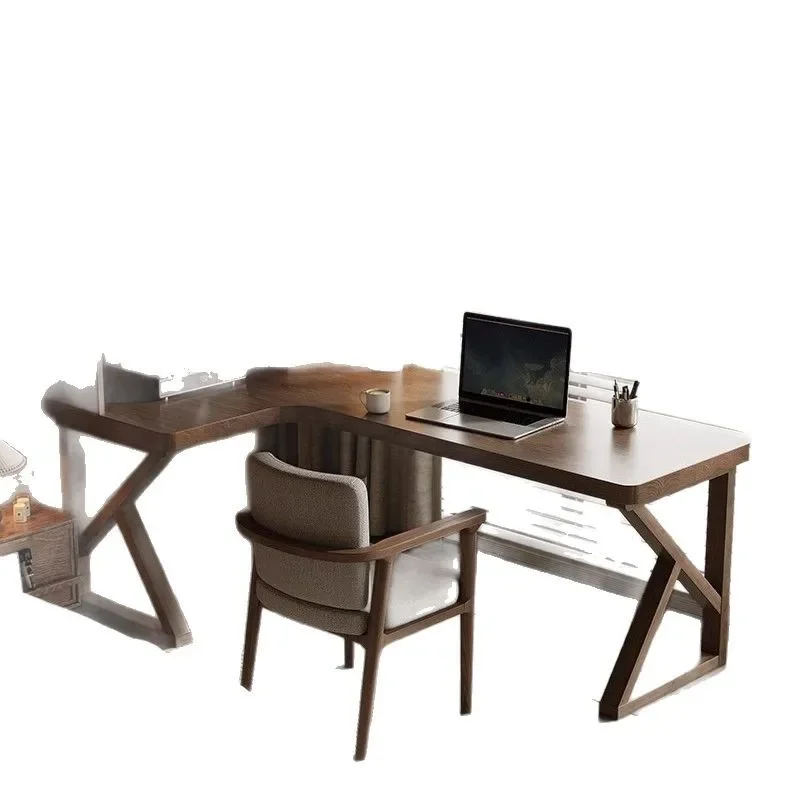 Corner L-shaped desk bookshelf integrated table household corner all solid wood study table bedroom computer table workbench