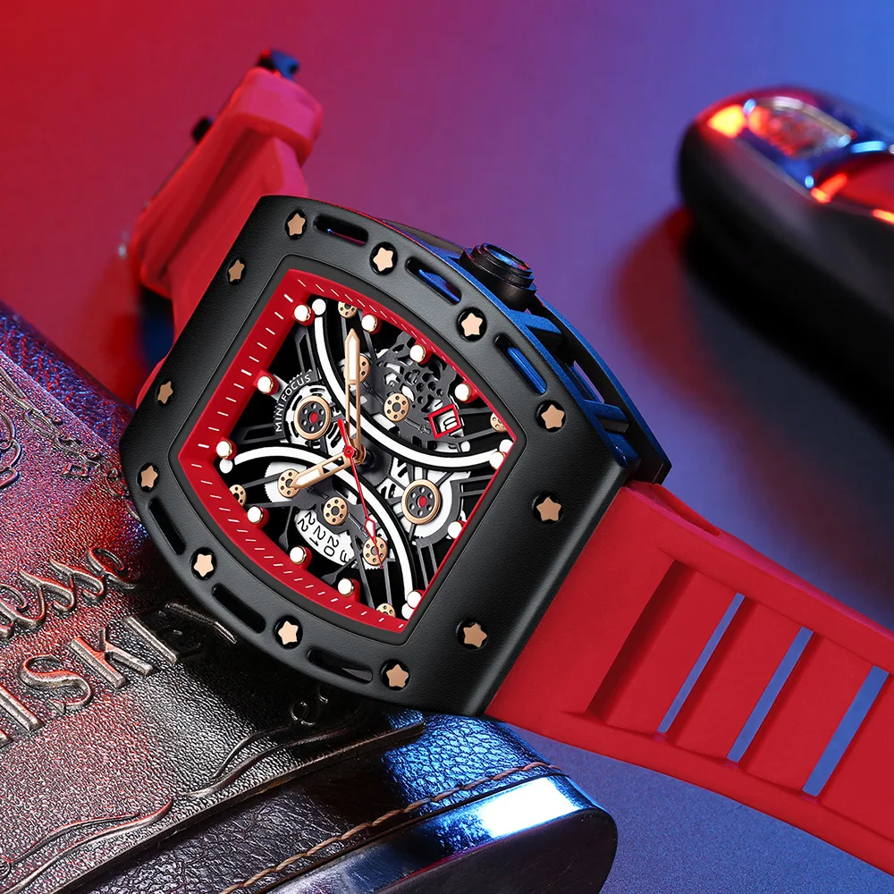 MINI FOCUS brand watch, domineering wine barrel men's watch, curved mirror, hollow surface sports men's watch 0420G