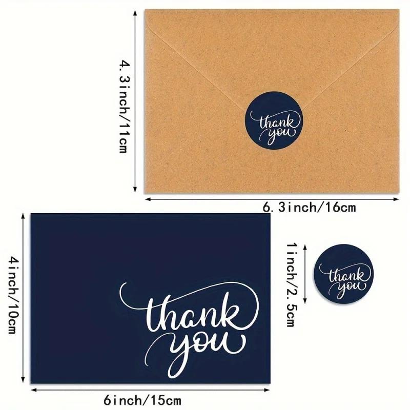 20 0.Zhang.Custom.Eco Friendly Navy Blue Thank You Cards with Brown Paper Envelopes and Stickers Small Business