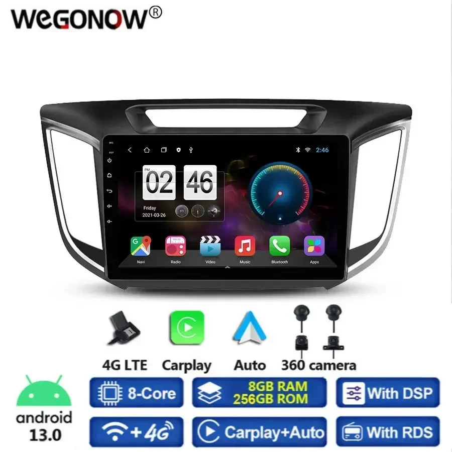 360 Panoramic Camera 8G+256G Android 13.0 Car DVD Player GPS Map WIFI Bluetooth 5.0 RDS Radio For Hyundai Creta IX25 2015 - 2019