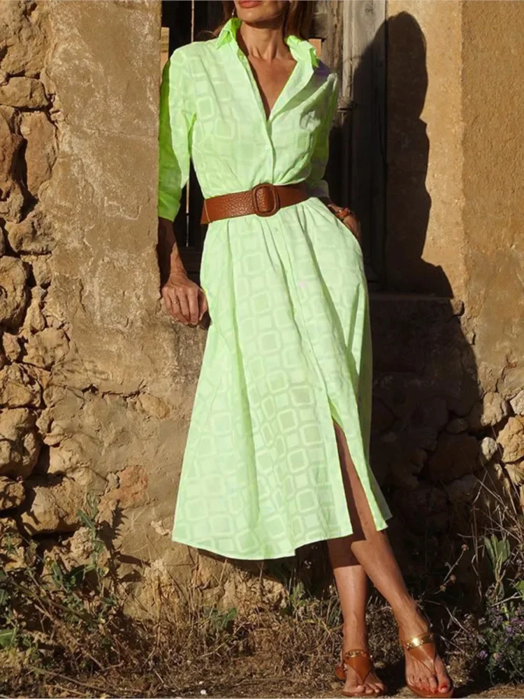 Otoño Invierno nueva moda mujer dibujo a cuadros medio largo camisa de un solo pecho vestido Casual de manga larga con bolsillos