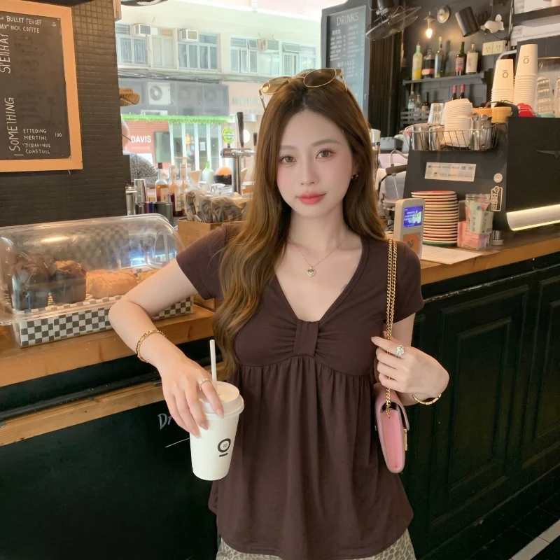 Slimming Pleated V-Neck Doll Shirt Women's Summer New Loose Short Sleeve T-Shirt Inner Wear Meat Covering Versatile Simple Top