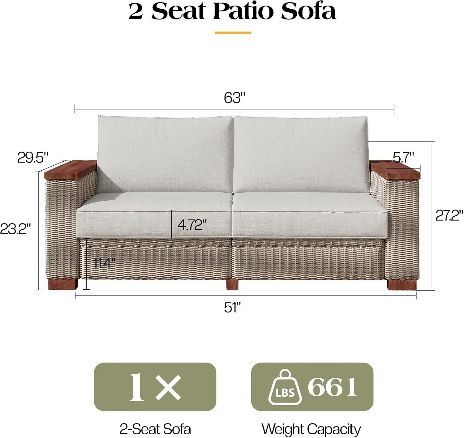 Outdoor Loveseat Patio Sofa, Wicker Couch with Solid Armrests & Legs, 4.7