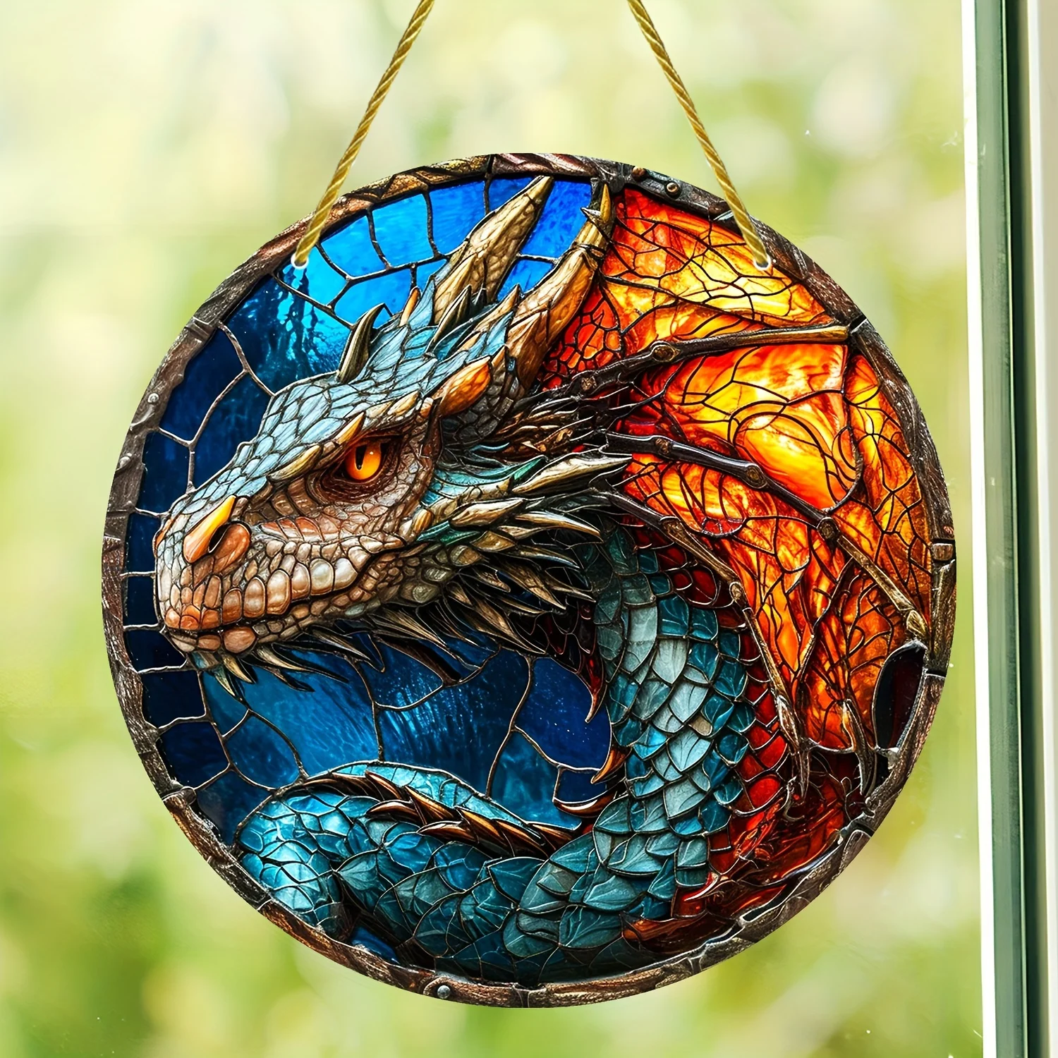 Fire Dragon Vintage Stained Window Hanging,Sun Catcher,Sunshade,Dragon Sign Gift for Family,Lovers,Yard,House,Home,Door Welcome