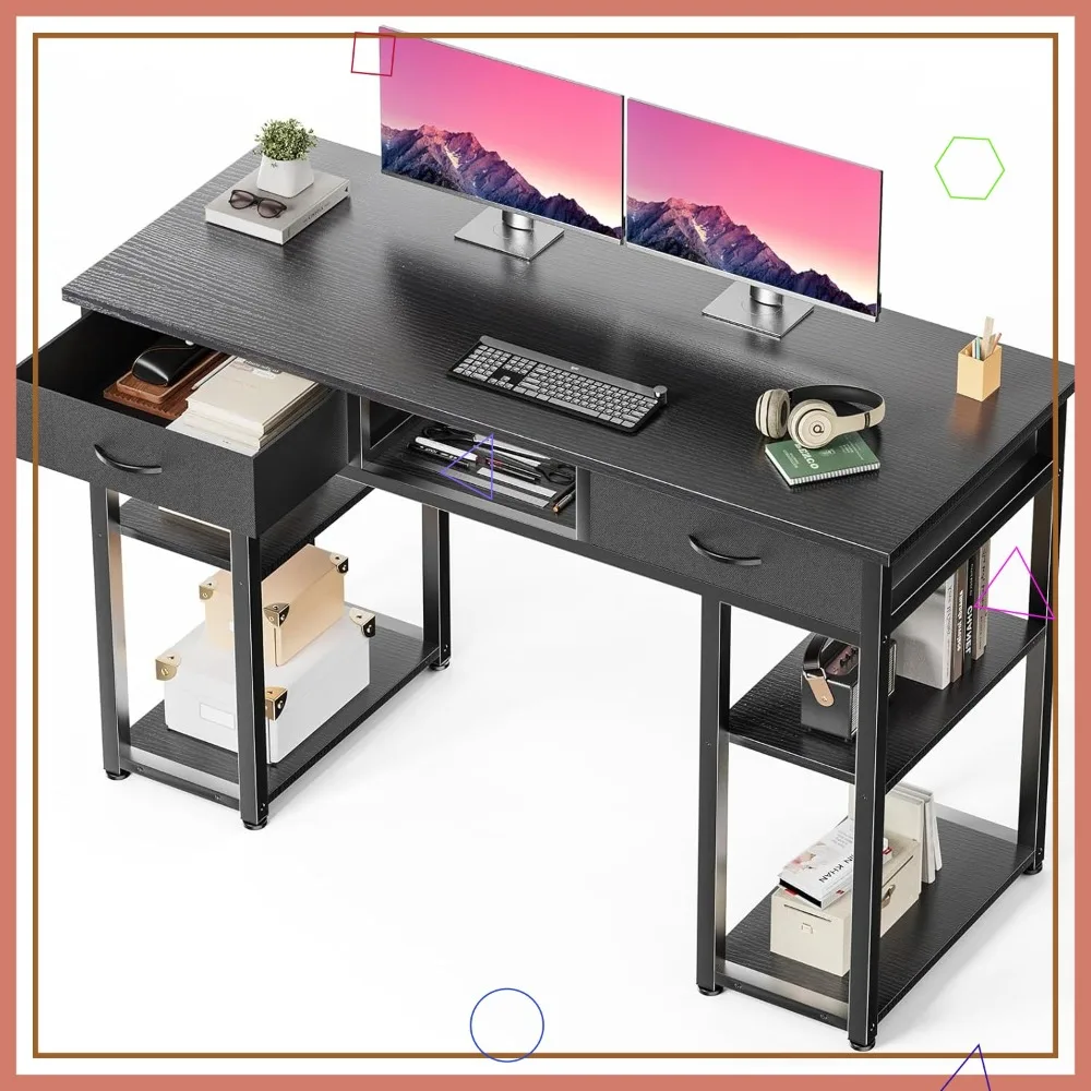 

48" Small Computer Desk for Bedroom with Drawers, Writing Study Table with Storage Shelf, Adjustable Feet, Metal Frame Black