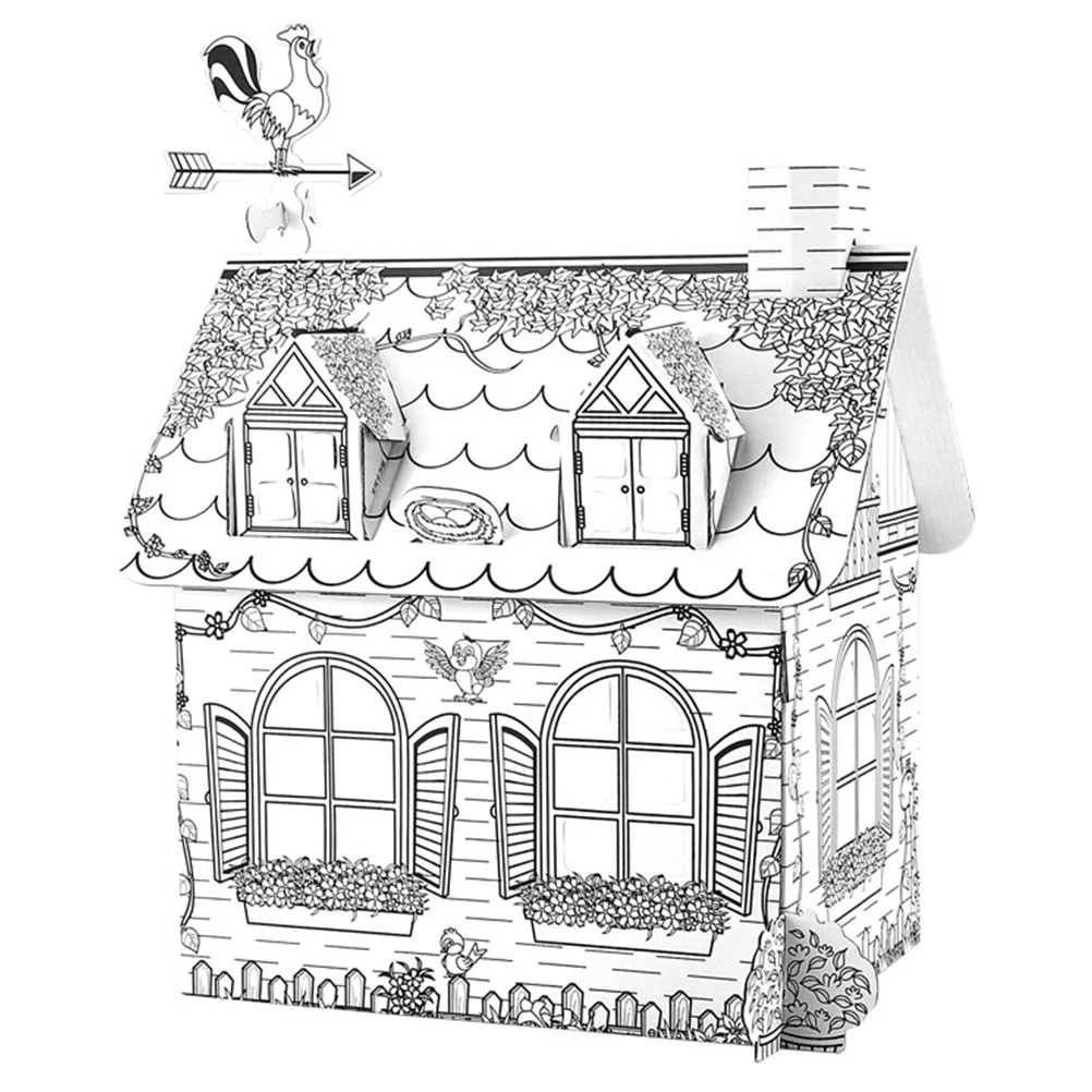 1セット落書きDIY描画パズル3Dヴィラ型塗り絵クラフトキット子供向け手作り組み立てセット