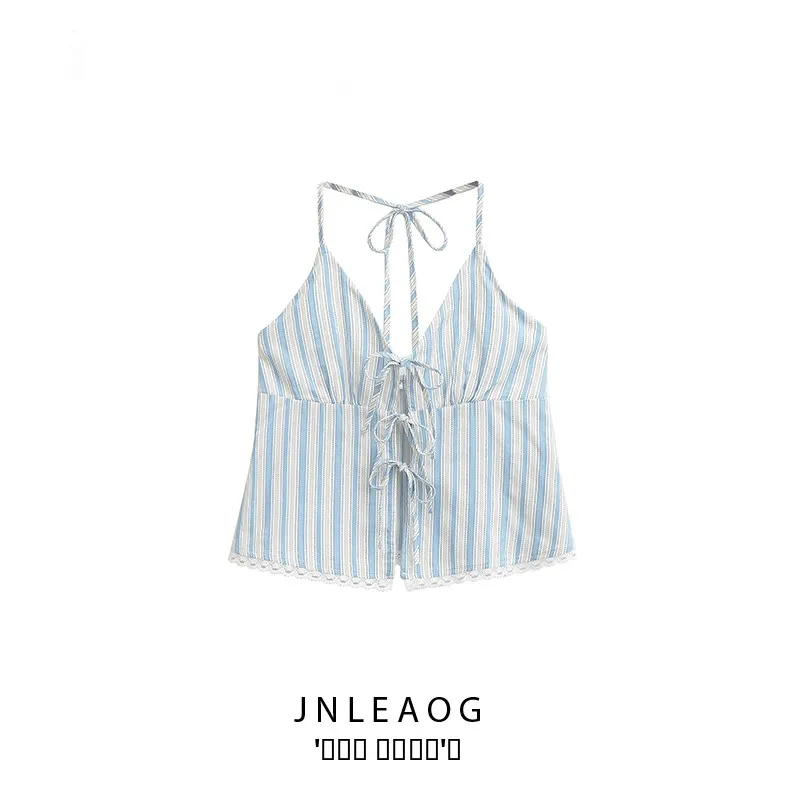

Faionable Striped Color Blo Ne Hanging Strap Women's Top JNLEAOG Spring New Arrival Breathable Polyester ort Sve V...