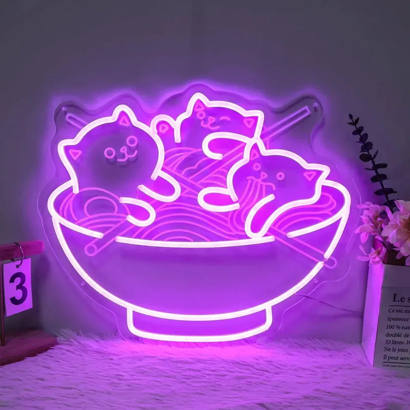 Ramen Cat Led Neon Sign,Cute Cat Noodles Neon Light, Kawaii Anime Decor,Handmade LED Light Sign, Resturant Room Dorm Wall Decor