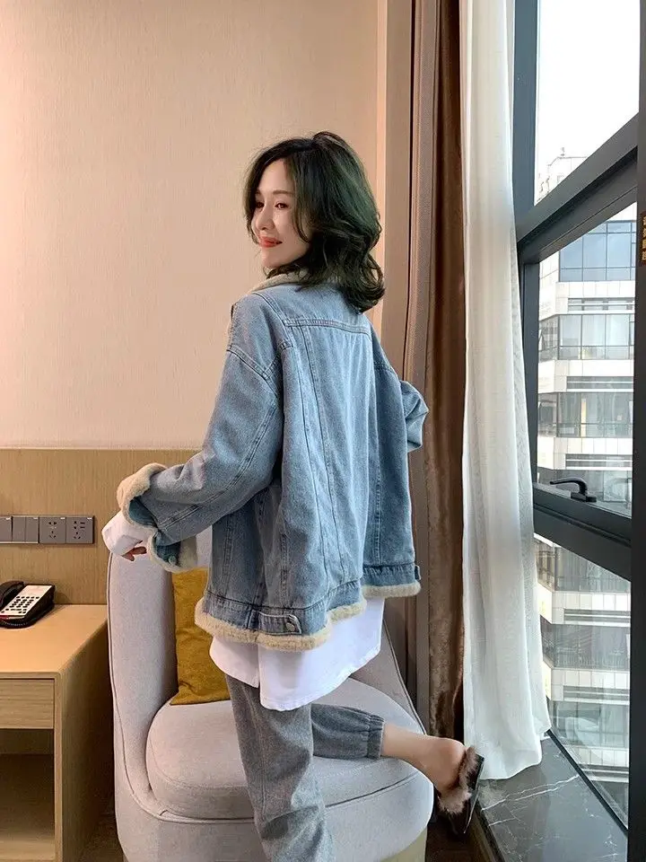 Denim Coat With Fur And Hood Plush Womens Autumn Slim-Fit Corduroy Chic Outdoor Activities Mountaineering Standneck Buttoned Y2K