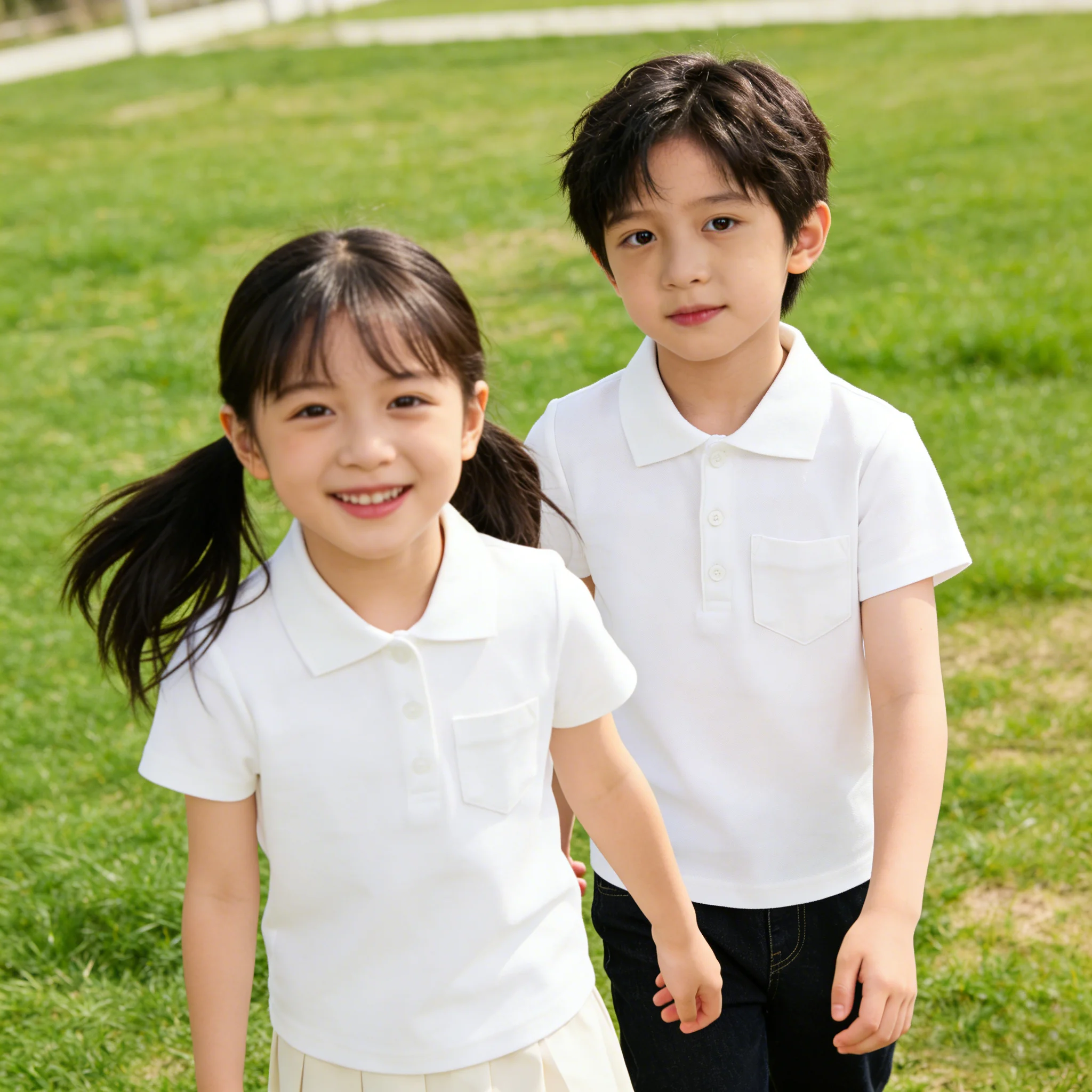 Summer Spring Pure Cotton White Short Sleeve Polo Shirt for Boys Girls, Breathable Solid Color Campus Style Kids Tops Tees