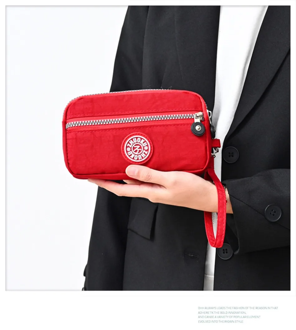 2026 New Clutch Women's Bag Three-Layer Zipper Mini Nylon Cloth Solid Color Mobile Phone Bag Coin Purse