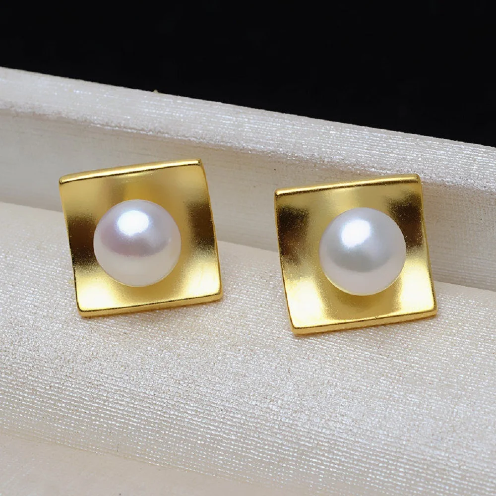 

S925 silver square earrings personalized European, American, Korean version AAAA7-8mm natural white pearl earrings