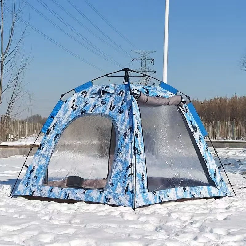 

Зимняя палатка для кемпинга с большим окном из ТПУ и освещением, утолщенное теплое укрытие для зимней рыбалки, портативное для походов на открытом воздухе