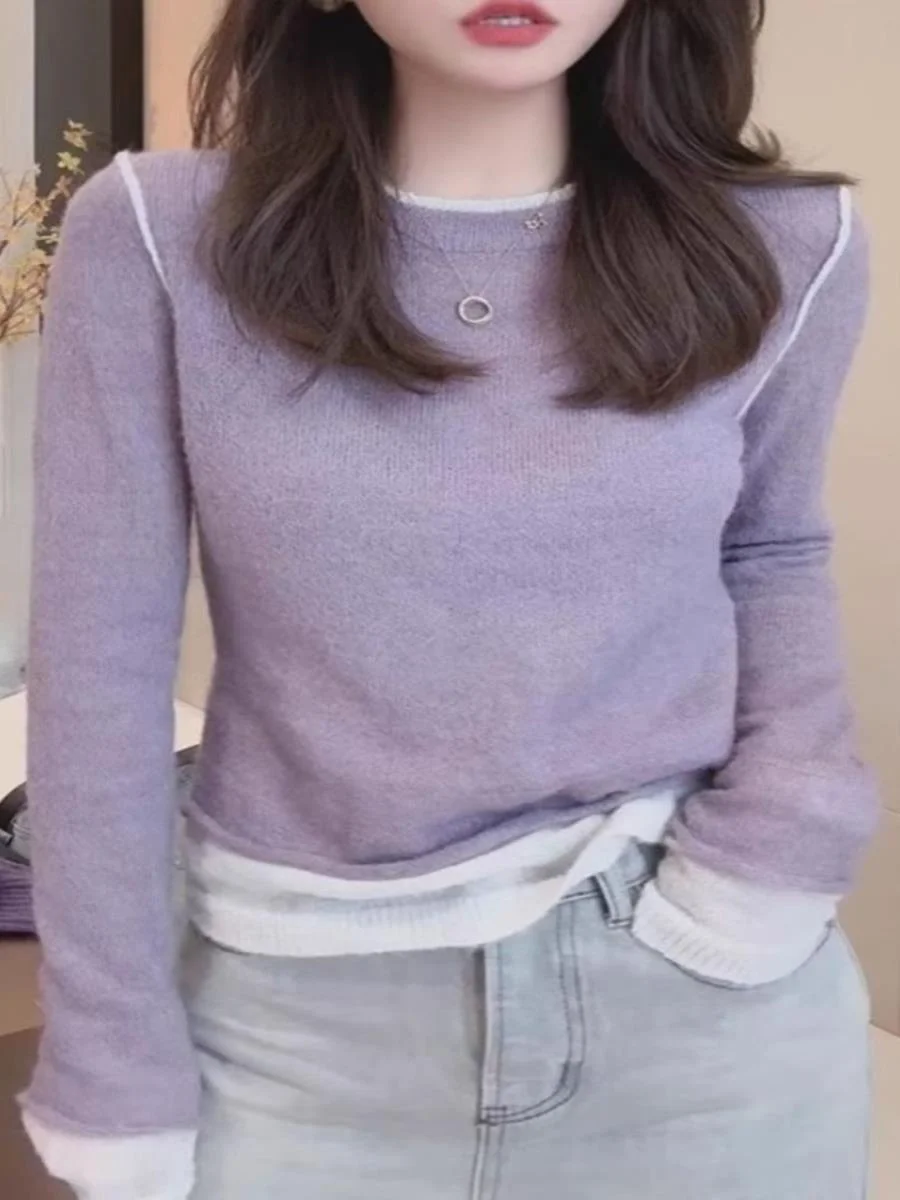 الكورية Sle الحلو اللون بلو وهمية قطعتين متماسكة سترة طويلة Sve قاعدة طبقة irt الخريف الشتاء التخسيس العصرية