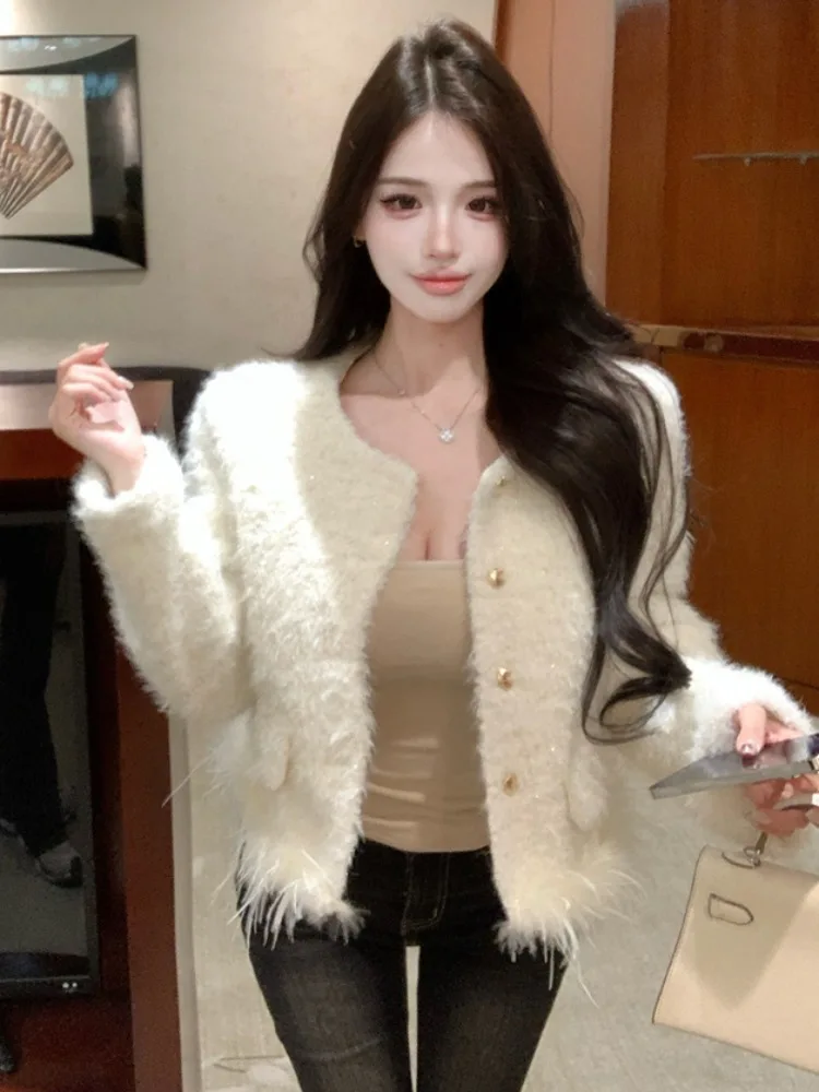 

Thickened Short Open Cardigan Fashionable Autumn Winter New Style Korean Version Slim Fit Long Sleeve round Neck Coat