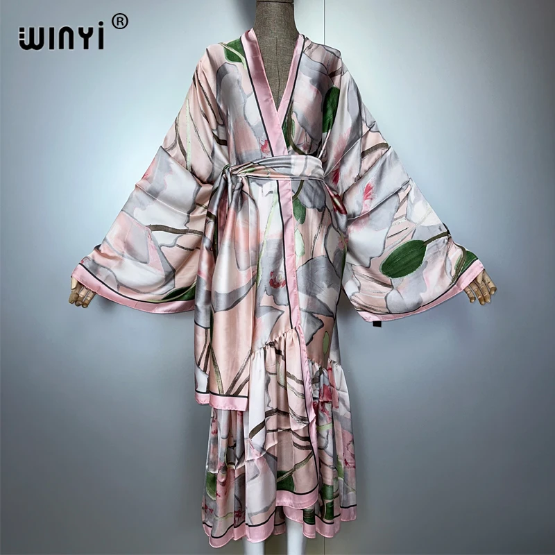 معطف كيمونو نسائي من WINYI مطبوع بحاشية فقاعية وأكمام طويلة سترة عباية دبي ملابس بحر فاخرة فستان بوهو قفطان