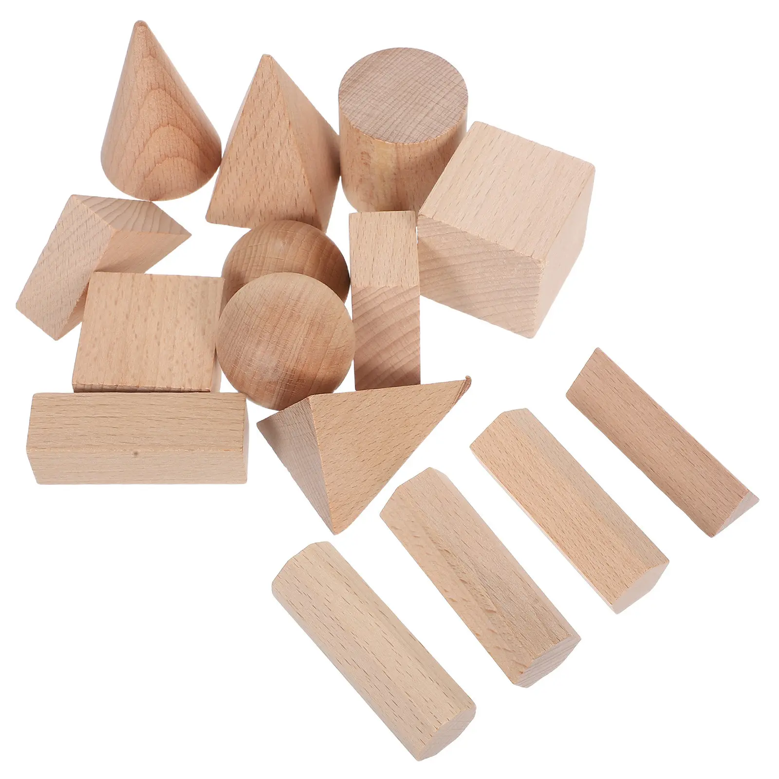 15Pcs Natural Wood Geometric Solid Blocks Early Education Preschool Math Learning Stacking Sorting Cube Montessori Construction