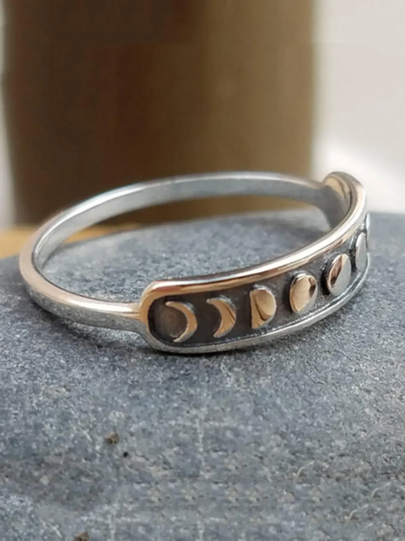 Vintage Moon Phase Rings for Women and Men Stackable Finger Ring, Copper Band Rings, Stacking Rings, Geometric Moon Design Jewelry Gift, Casual Style Daily Wear, All Seasons, Fashion Stackable Rings