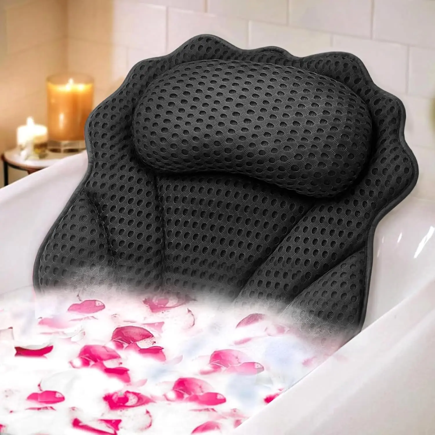 

Ergonomic Bath Pillow with Head, Neck, Shoulder and Back Support, 6 Suction Cups for All Bathtubs, Spa, Hot Tub (Black)